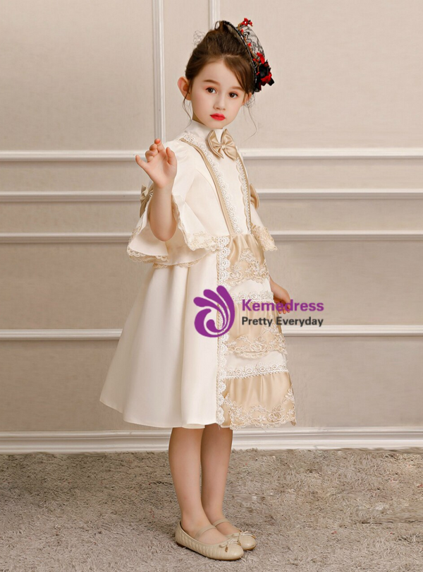 Champagne Satin Lace Appliques SHorton Sleeve Rococo Vintage Dress