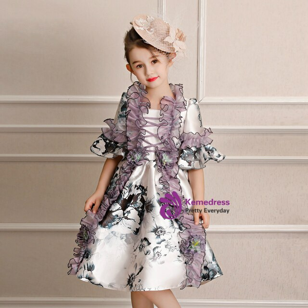 Purple Satin Print Short Sleeve Ruffles Victorian Vintage Dress