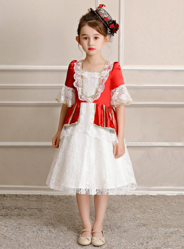 White Lace Red Satin Square Costume Rococo Baroque Dress