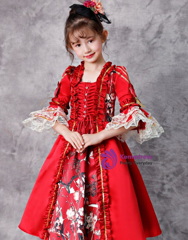 Red Satin Print Short Sleeve Lace Rococo Baroque Vintage Dress