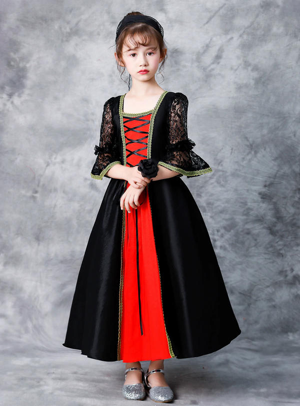 Cute Black Satin Lace Short Sleeve Antonietta Victorian Vintage Dress