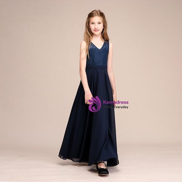 Fancy Navy Blue Chiffon Lace  V-neck Flower Girl Dresses