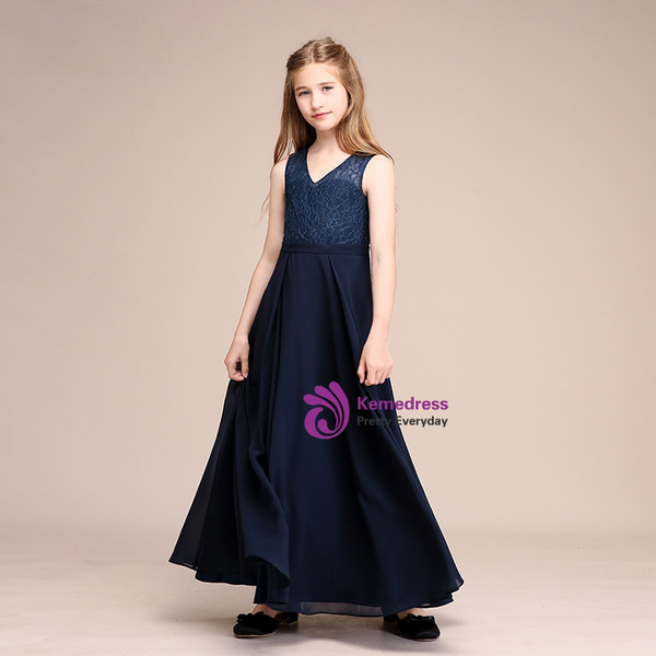 Fancy Navy Blue Chiffon Lace  V-neck Flower Girl Dresses