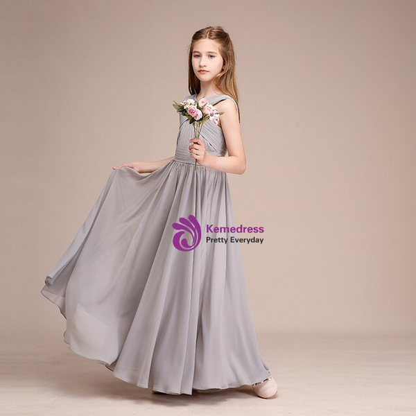 Fashionable Gray Chiffon Backless Pleats Flower Girl Dresses