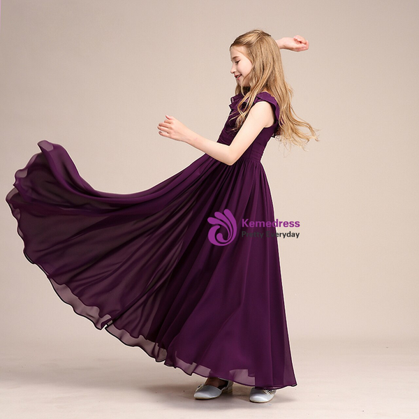 High quality Purple Chiffon Scoop Pleats Flower Girl Dresses