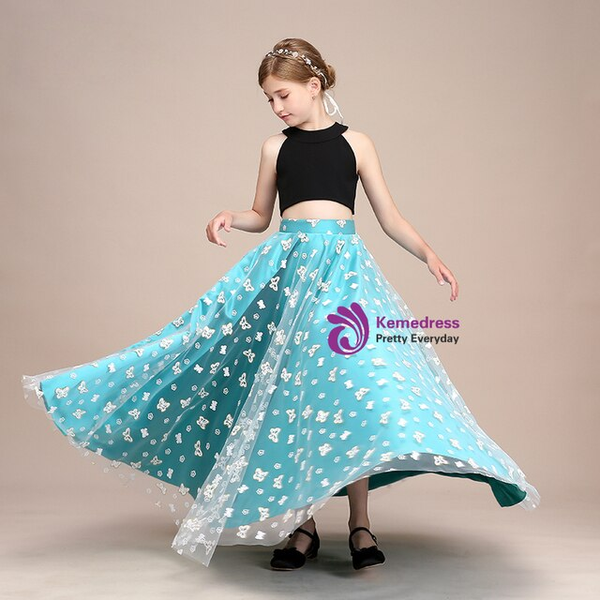 Black Blue Tulle Two Piece Halter Backless Flower Girl Dress