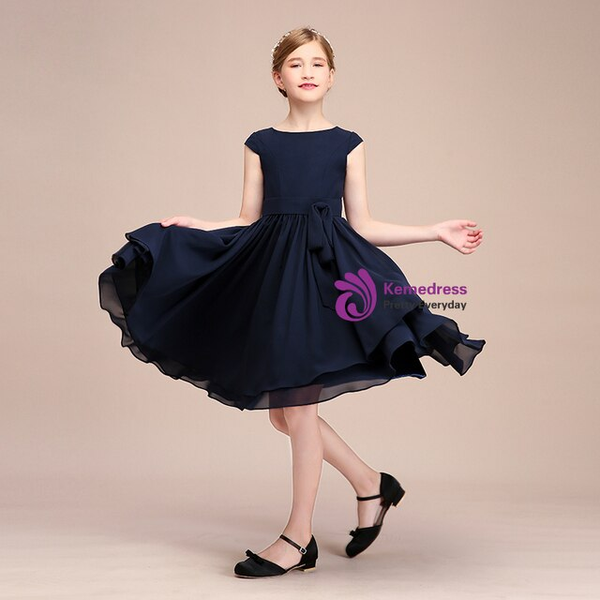 Navy Blue Scoop Chiffon Cap Sleeve Short Flower Girl Dress