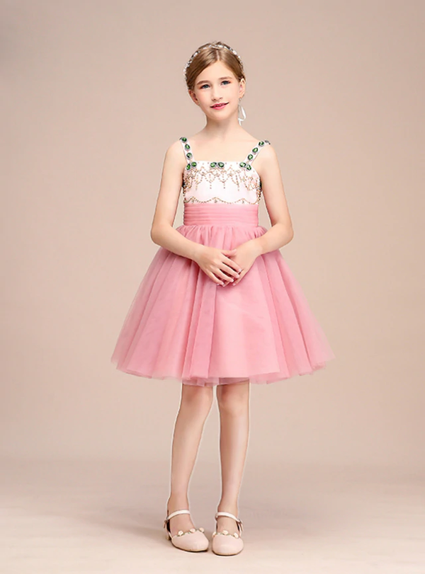 Pink Tulle Spaghetti Straps Crystal Beading Short Flower Girl Dress