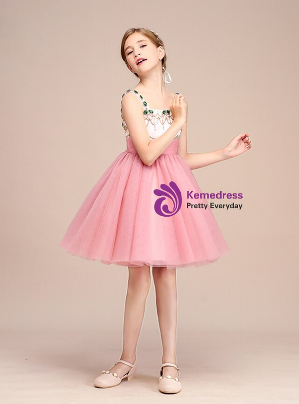 Pink Tulle Spaghetti Straps Crystal Beading Short Flower Girl Dress