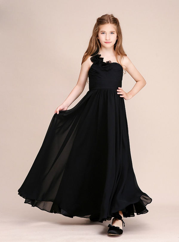 A-Line Black Chiffon One Shoulder Pleats Flower Girl Dress