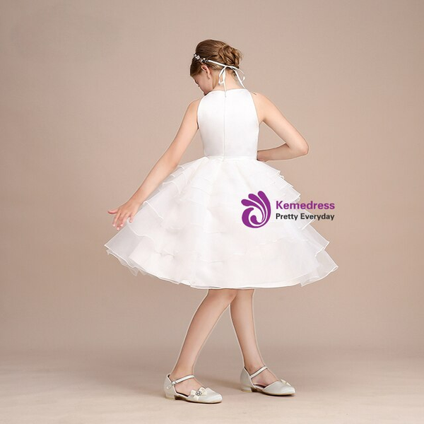 White Halter Tulle Knee Length Flower Girl Dress Princess Dress