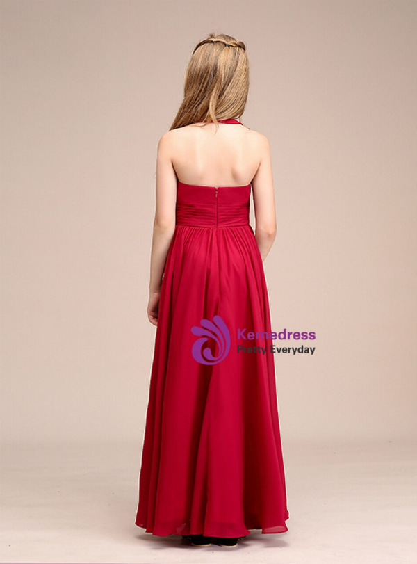 Simple Red Chiffon Halter Pleats Flower Girl Dress