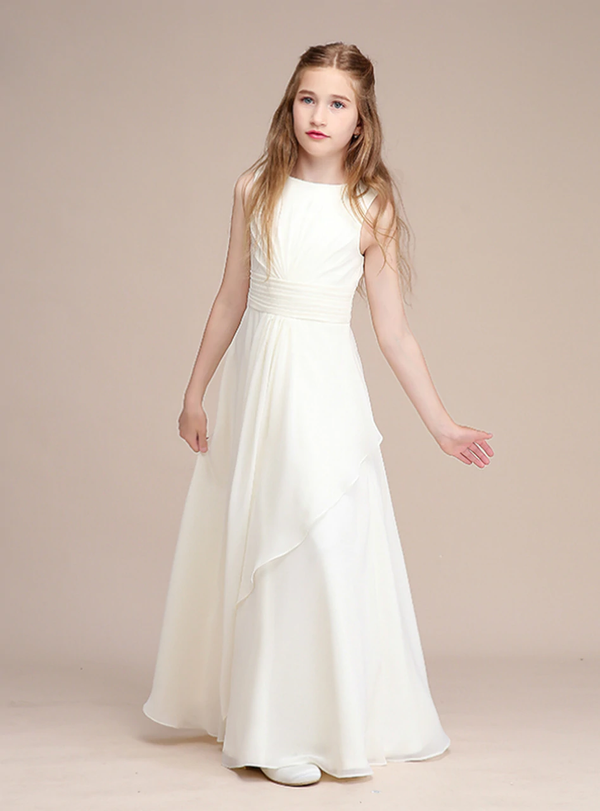 White Chiffon Pleats Sleeveless Flower Girl Dress