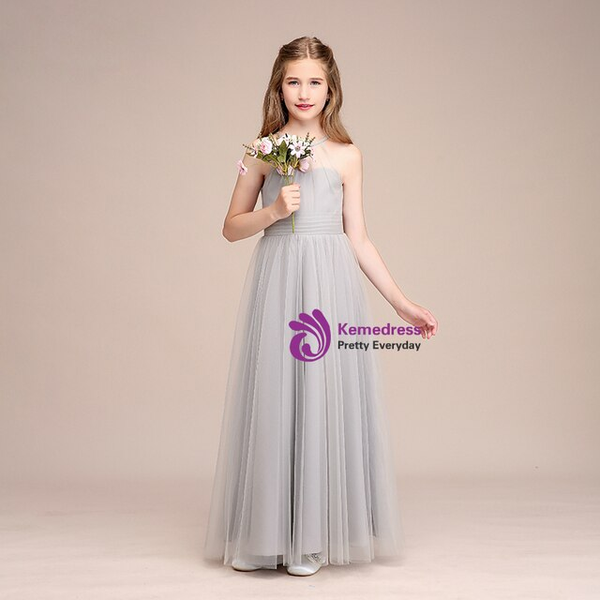 Light Gray Tulle Halter Backless Long Flower Girl Dress