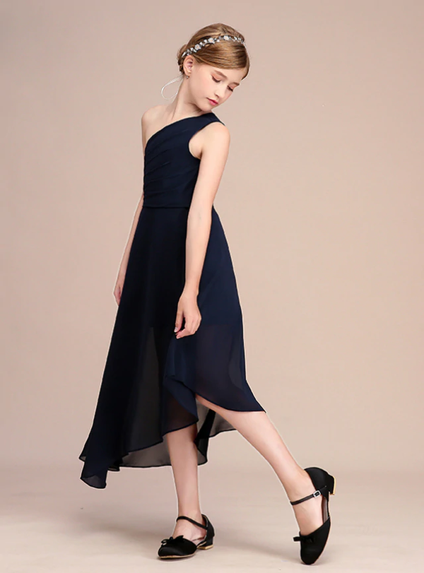 Navy Blue Chiffon One Shoulder Short Flower Girl Dress