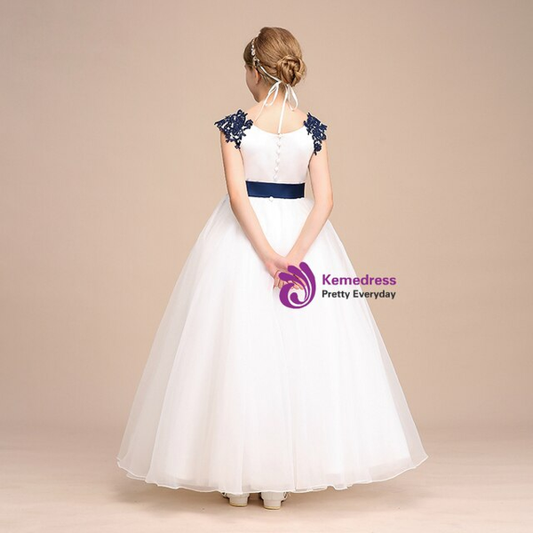 White Tulle Blue Appliques Sash Button Flower Girl Dress 