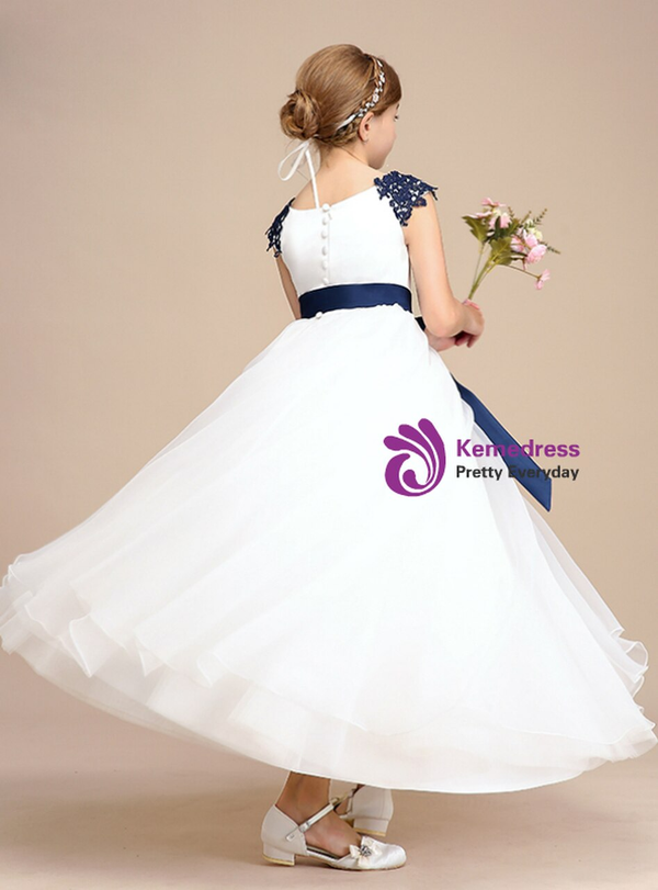 White Tulle Blue Appliques Sash Button Flower Girl Dress 