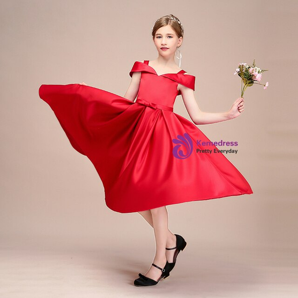 Red Satin Straps Bow Tea Length Flower Girl Dress