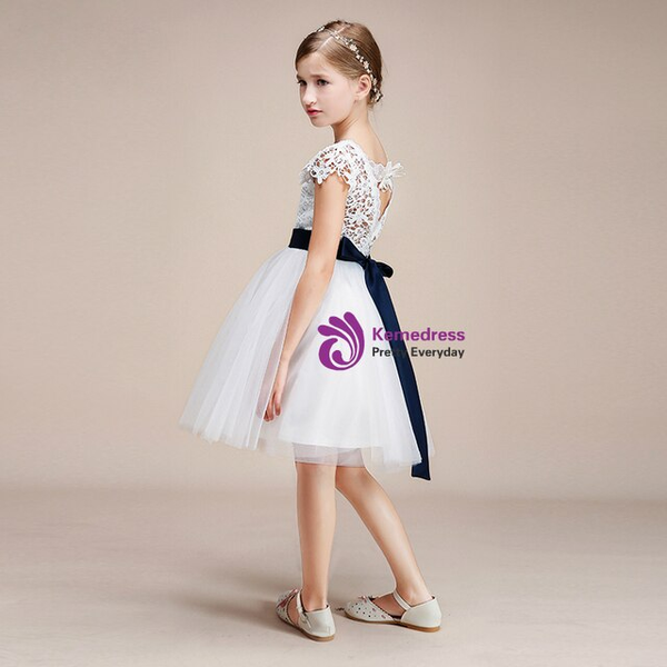 White Tulle Lace Open Back Short Girl Dress With Belt