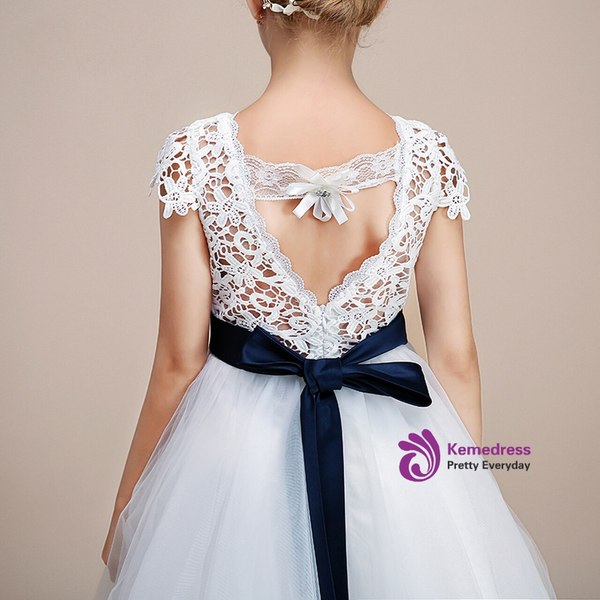White Tulle Lace Open Back Short Girl Dress With Belt