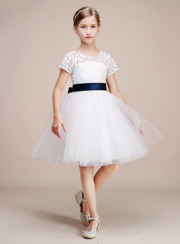 White Tulle Lace Short Sleeve Backless Short Flower Girl Dress 