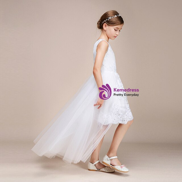 A-Line White Hi Lo Tulle Lace Appliques Girl Dress