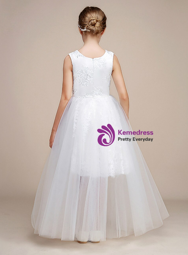 A-Line White Hi Lo Tulle Lace Appliques Girl Dress