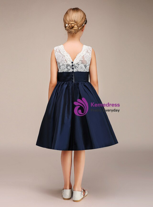 Navy Blue Satin White Lace Bow Short Flower Girl Dress