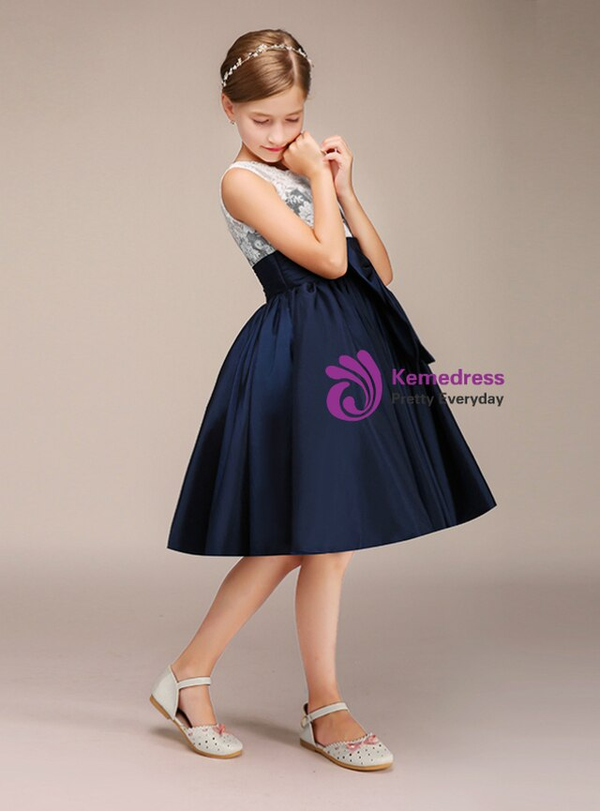 Navy Blue Satin White Lace Bow Short Flower Girl Dress