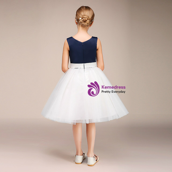 White Tulle Navy Blue Satin Knee Length Flower Girl Dress