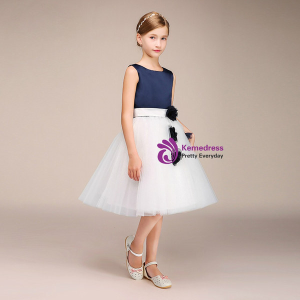 White Tulle Navy Blue Satin Knee Length Flower Girl Dress