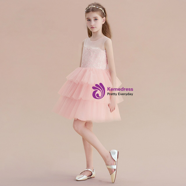 Pink Tulle Lace Appliques Crystal Belt Short Flower Girl Dress