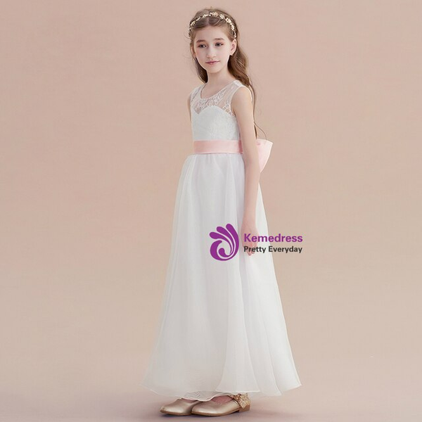 White Tulle Lace Sleeveless Flower Girl Dress With Pink Bow