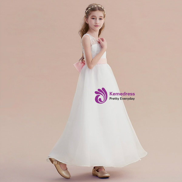 White Tulle Lace Sleeveless Flower Girl Dress With Pink Bow
