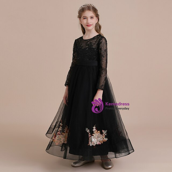 Black Tulle Long Sleeve Appliques Sequins Flower Girl Dress