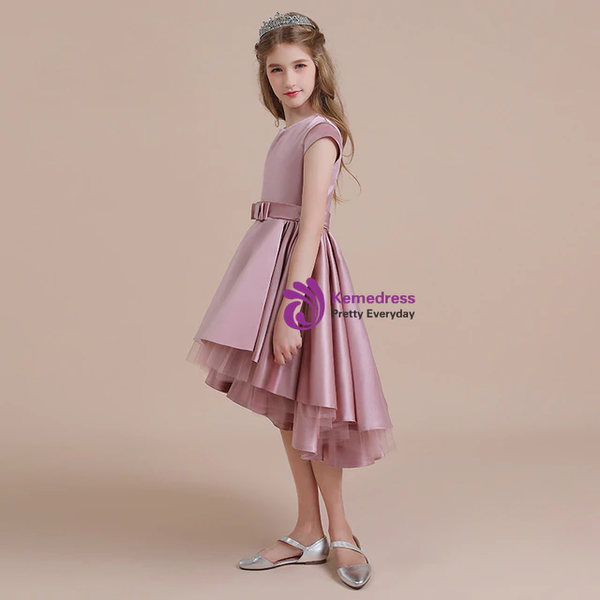 Pink Satin Tulle Scoop Hi Lo Cap Sleeve Flower Girl Dress With Bow