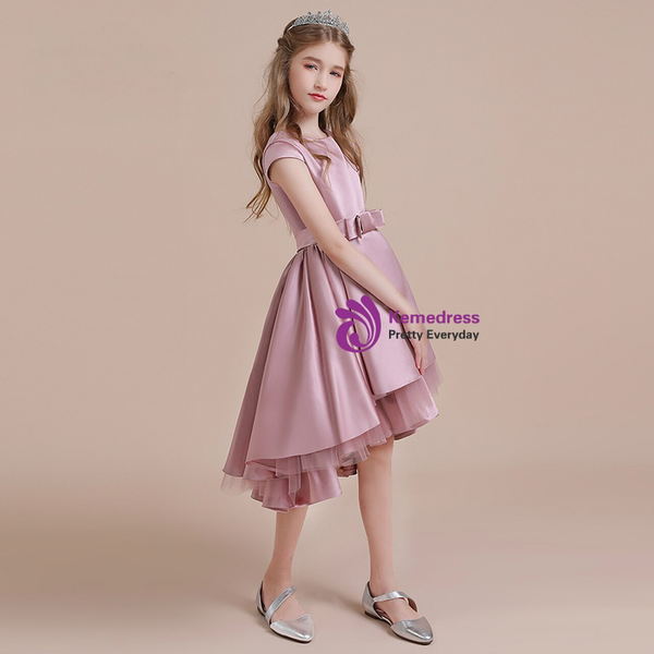 Pink Satin Tulle Scoop Hi Lo Cap Sleeve Flower Girl Dress With Bow