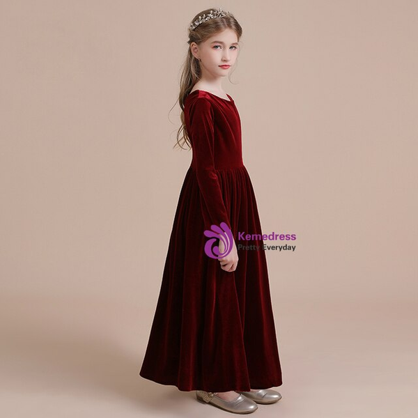 Casual Burgundy Velvet Long Sleeve Flower Girl Dress