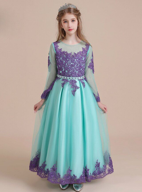 Blue Tulle Lace Appliques Beading Long Sleeve Flower Girl Dress
