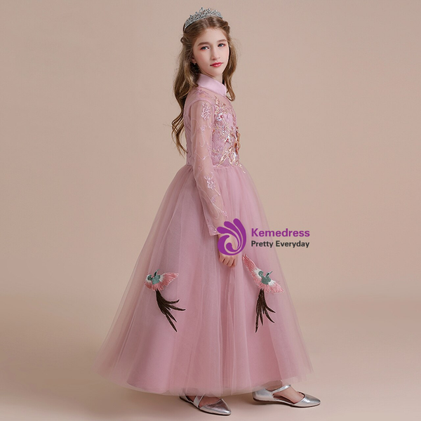 Pink Tulle Appliques Embroidery High Neck Long Sleeve Flower Girl Dress
