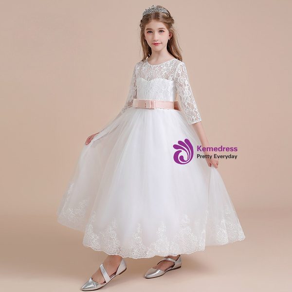 White Tulle Lace Appliques Half Sleeve Flower Girl Dress With Bow