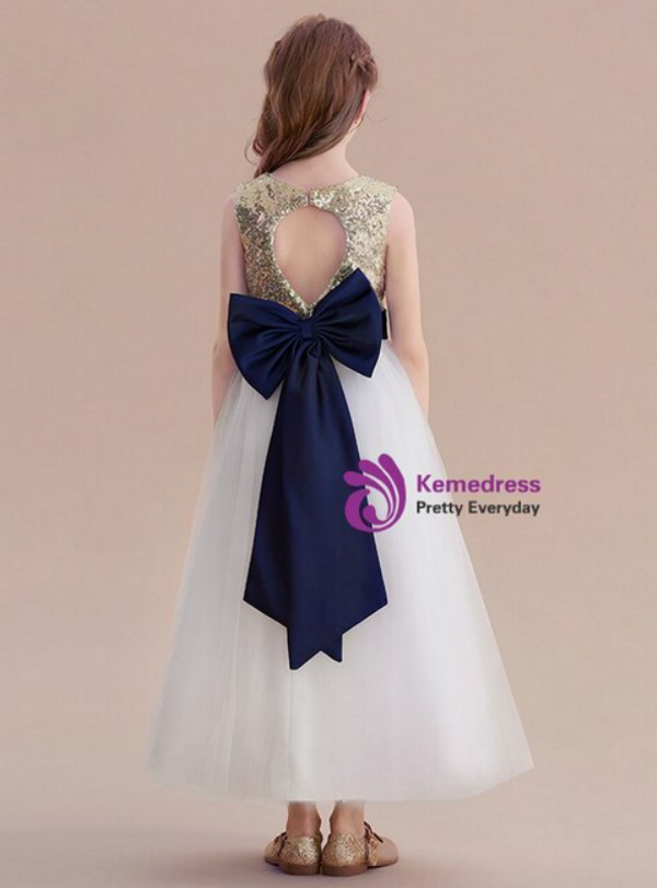 White Tulle Gold Sequins Backless Flower Girl Dress With Big Bow