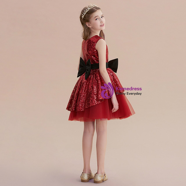 Gold Tulle Sequins Knee Length Flower Girl Dress With Bow