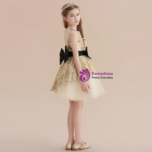 Gold Tulle Sequins Knee Length Flower Girl Dress With Bow