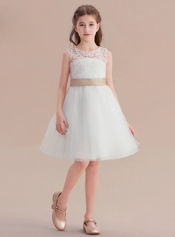 White Tulle Appliques Backless Bow Flower Girl Dress 
