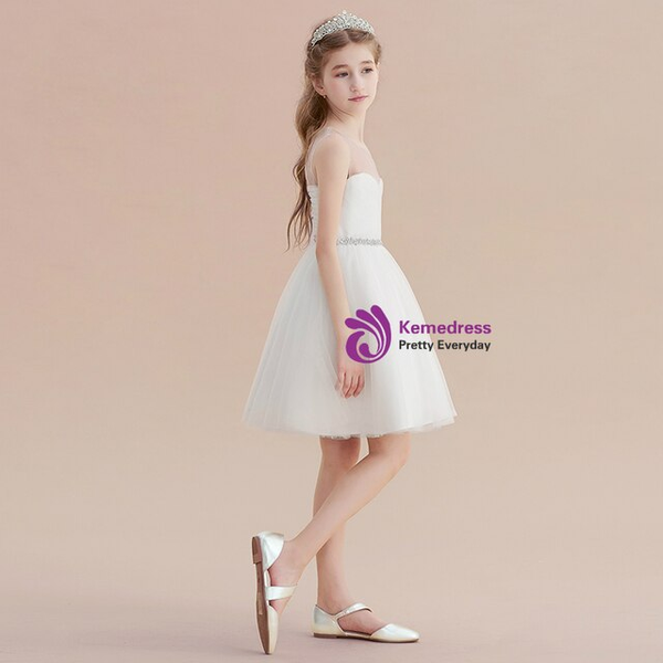 Simple White Tulle Pleats Beading Crystal Flower Girl Dress