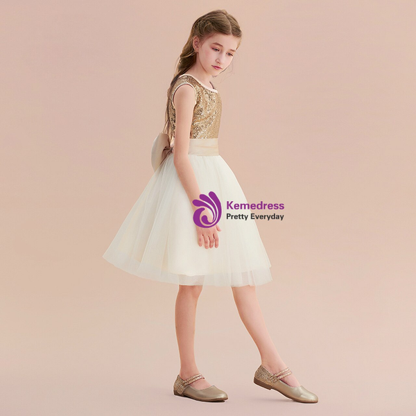 Gold Sequins White Tulle Knee Length Flower Girl Dress With Bow