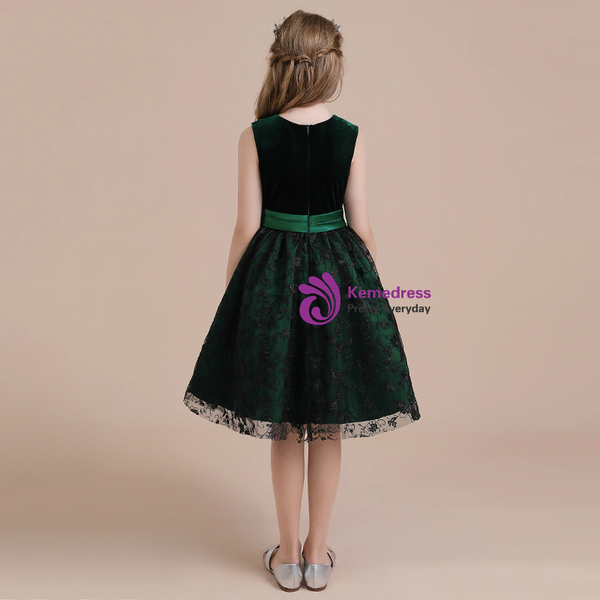 Green Velvet Black Lace Sleeveless Flower Girl Dress With Bow