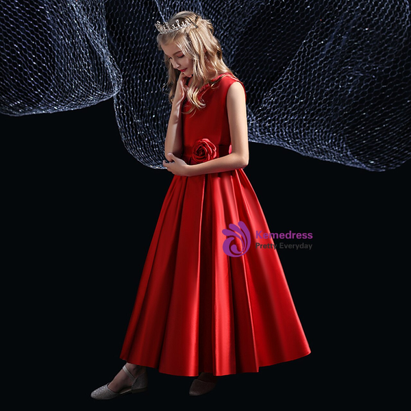 A-Line Burgundy Satin Sleeveless Flower Girl Dress