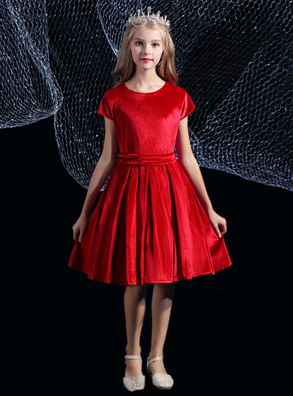 Burgundy Velvet Cap Sleeve Pleats Knee Length Flower Girl Dress